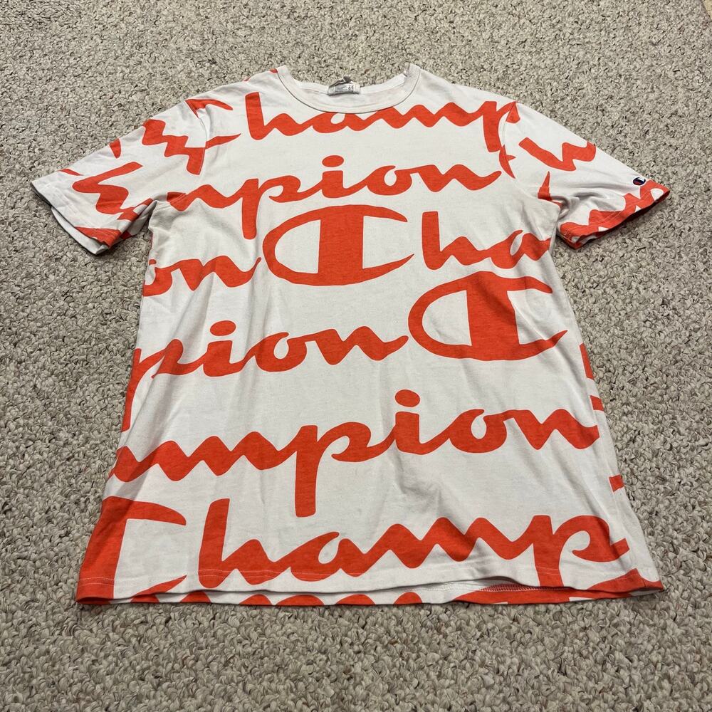 Champion All Over Print Logo T-Shirt L Cotton Mens Active Athleisure Gym